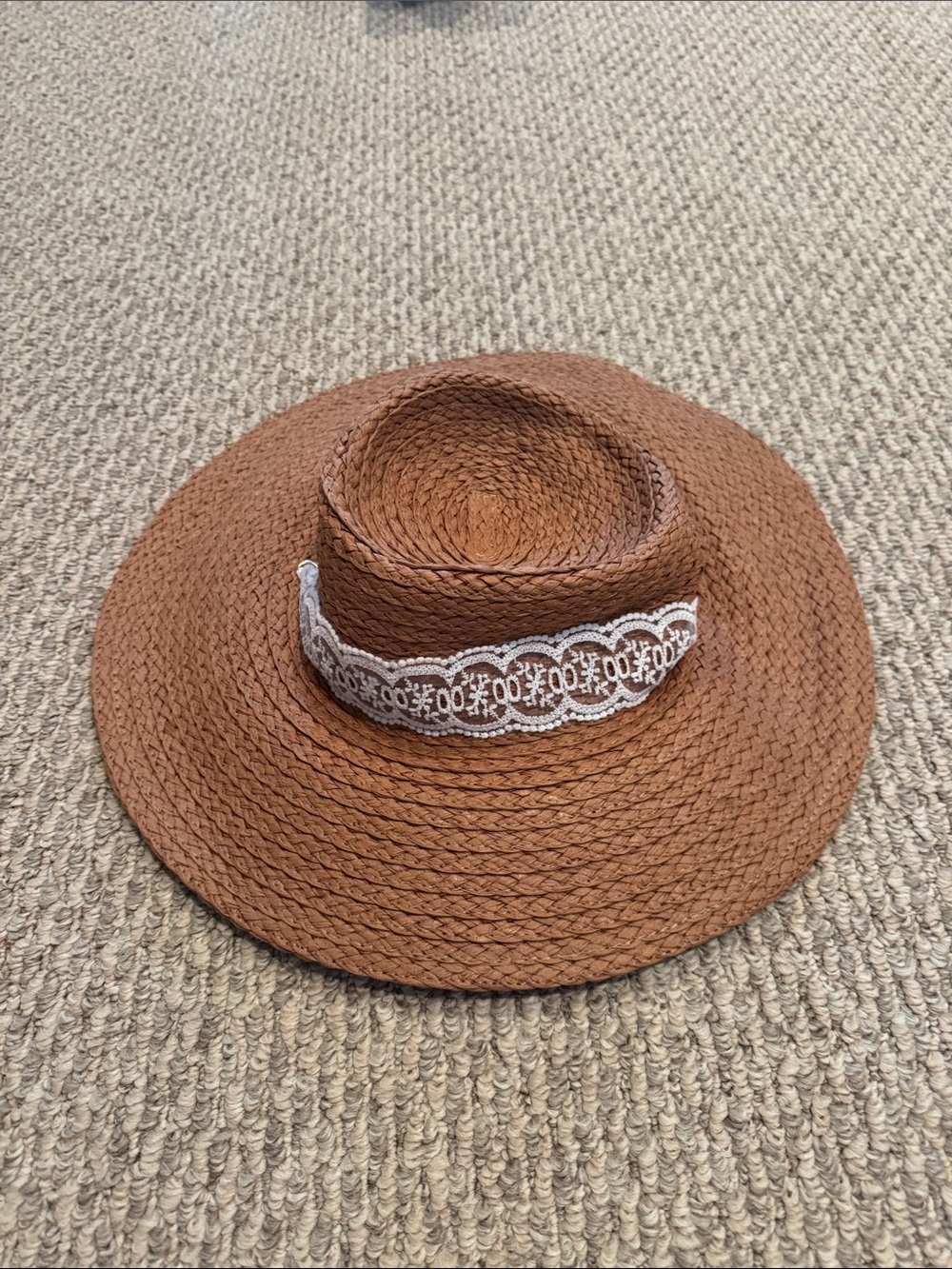 Brown Straw Sun Hat with White Lace Trim